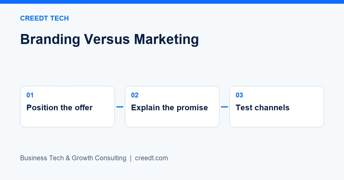 Creedt Tech — Three-stage framework: Position the offer → Explain the promise → Test channels