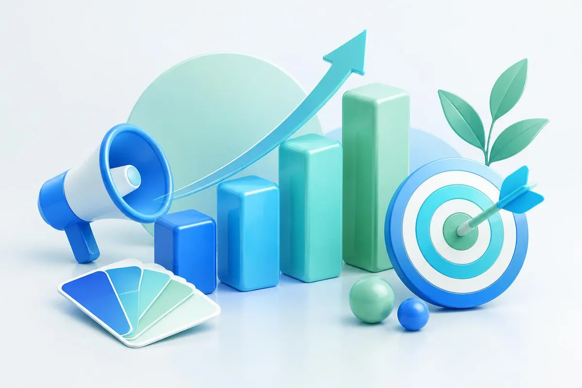 Creedt Tech — Megaphone, growth bars and target illustrating digital marketing and brand growth