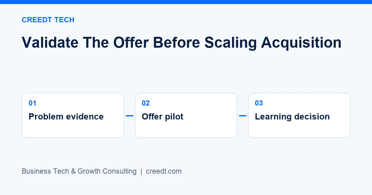 Creedt Tech — Planning workflow: Problem evidence → Offer pilot → Learning decision