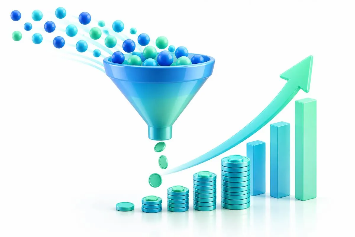 Creedt Tech — Funnel turning visitors into customers and rising sales illustrating lead generation