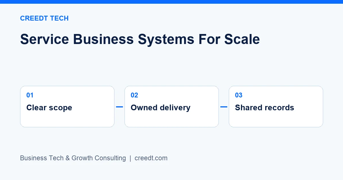 Creedt Tech — Three-stage framework: Clear scope → Owned delivery → Shared records